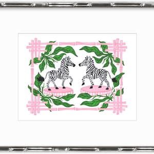 Zebra Art Print Kiki & Gigi of original painting pink bamboo border palm tree safari series by Willa Heart