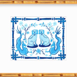 May include: Blue and white illustration of two dogs with collars and leashes, surrounded by stylized floral designs and dragons. The image is framed with a blue and white border.