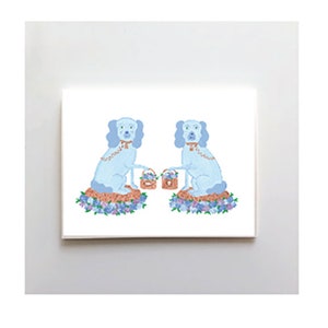 Chique preppy blauwe Staffordshire Dog-notitiekaarten: New England-stijl met hortensia en Nantucket-manden!