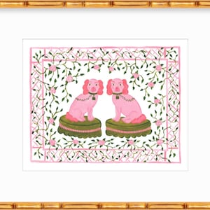 Chic Pink Staffordshire Dogs Art Print | Preppy & Playful with Rose Vines! by Willa Heart