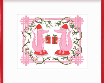 Chic Preppy Holiday Alligator Art | Whimsical & Fun with Pink Bamboo Border! Garland and Gator Art Print Christmas willa heart chinoiserie