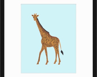 Wild Fusion: Giraffe with Tiger Stripes Art Print on Baby Blue!