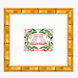 Buffy & Muffy The Pink DOGS pink and green Bamboo Border Art Print of original Painting Traditional Staffordshire Spaniel banana leaf dog image 1