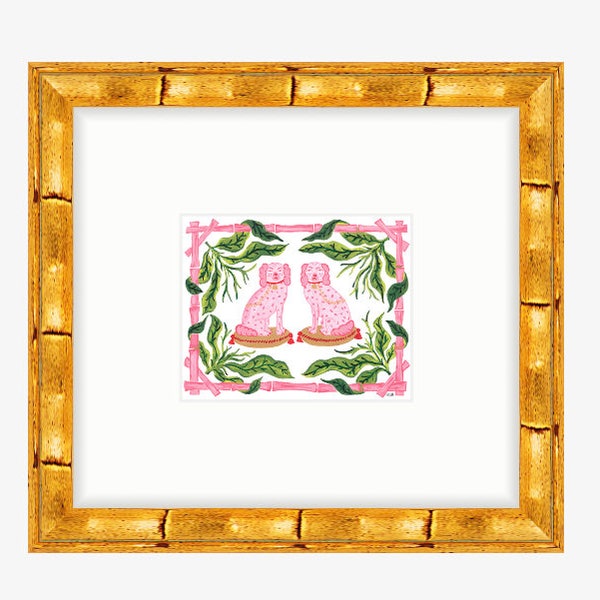 Buffy & Muffy The Pink DOGS pink and green Bamboo Border Art Print of original Painting Traditional Staffordshire Spaniel banana leaf dog