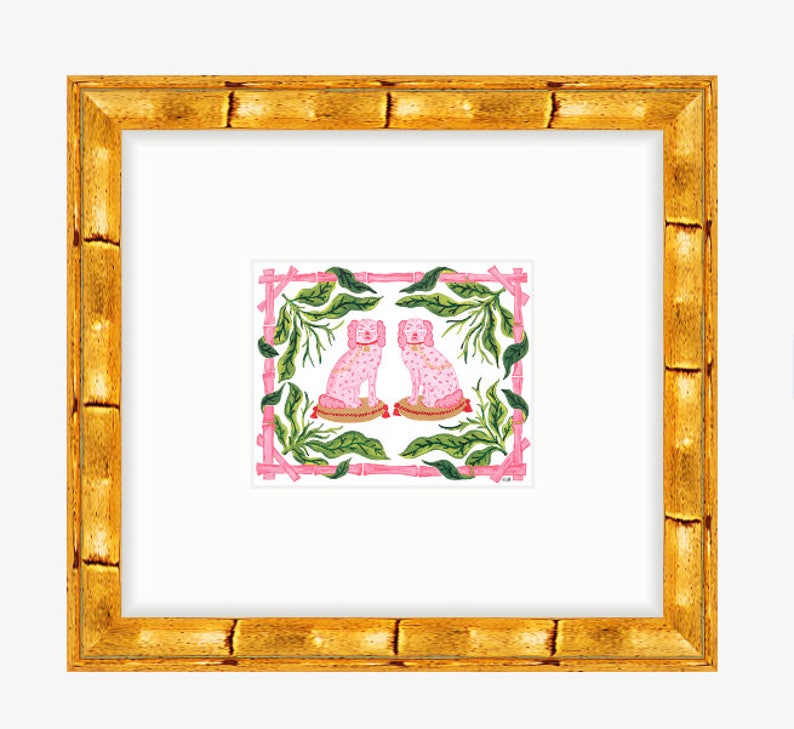 Buffy & Muffy The Pink DOGS pink and green Bamboo Border Art Print of original Painting Traditional Staffordshire Spaniel banana leaf dog image 1