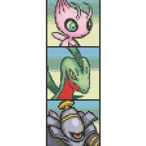 May include: A vertical cross-stitch pattern featuring three stacked panels. The top panel shows a pink creature with large green eyes. The middle panel depicts a green and red creature. The bottom panel displays a gray armored creature with a gold accent.