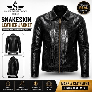 Men's Black Snake Embossed Leather Jacket Biker Motorcycle Zip Up Slim Fit Style