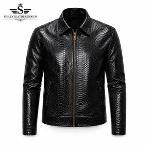 Men's Black Snake Embossed Leather Jacket Biker Motorcycle Zip Up Slim Fit Style