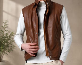 Gilet en cuir marron premium pour homme SHAZYLEATHERGOODS – Gilet décontracté et moto en cuir véritable fait main