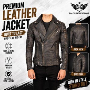 Men's Distressed Brown Quilted Leather Biker Jacket Asymmetrical Moto Style