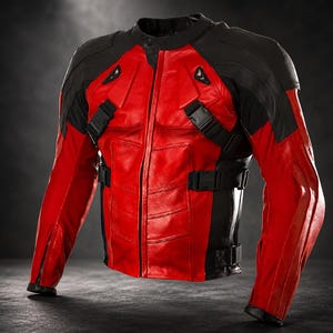 Op de afbeelding: Een motorjas met een levendig rood en zwart kleurenschema. De jas is geconstrueerd met leren panelen, een centrale ritssluiting aan de voorzijde, een opstaande kraag met drukknoopsluiting en verstelbare zwarte nylon banden met gespen.