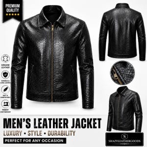 Men's Black Snake Embossed Leather Jacket Biker Motorcycle Zip Up Slim Fit Style