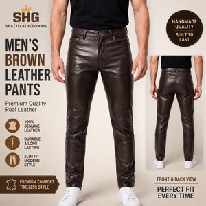 Op de afbeelding: Donkerbruine leren broek met een slanke pasvorm, een knoop- en ritssluiting, riemlussen en twee voorzakken. De broek wordt getoond vanaf de voor- en achterkant en heeft een gladde, gepolijste afwerking en een recht model.