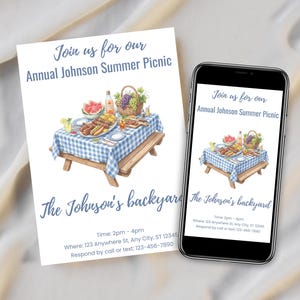 Könnte beinhalten: Eine Aquarell-Einladung für das jährliche Johnson Sommer-Picknick. Die Einladung zeigt einen Picknicktisch mit Essen und Getränken, eine blau-weiß karierte Tischdecke und den Text "Join us for our Annual Johnson Summer Picnic". Ein Smartphone zeigt das gleiche Bild.