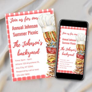 Könnte beinhalten: Eine Picknick-Einladung mit rot-weiß kariertem Rand. Der Text lautet "Nehmen Sie an unserem jährlichen Johnson Sommer-Picknick teil". Ein Smartphone zeigt die gleiche Einladung an. Aquarell-Illustrationen von Hotdogs, Burgern und einer Kochmütze.