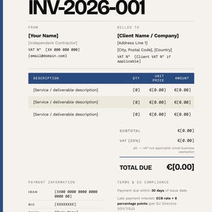 Freelance Invoice Template Google Docs | EU Compliant VAT Invoice | Editable | Instant Download