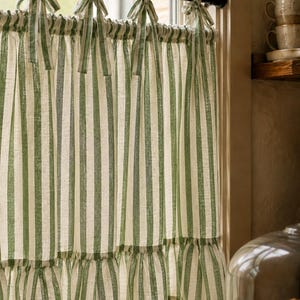 Cortina de café con volantes, panel de ventana de algodón y lino, decoración de cocina estilo rústico, estilo de colgado personalizado.