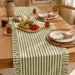 Puede incluir: Un camino de mesa rectangular con un patrón de rayas verticales en verde salvia y blanco roto. El camino está rematado con un volante fruncido a lo largo de los bordes, creando un borde texturizado que enmarca la longitud de la tela.