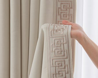 Allison Warm Cream Custom Room Darkening Curtains, Neutral Embroidery Tape Trim, Pinch Pleat Header (in Pair)