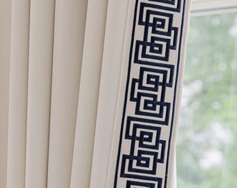 Allison Cream Pinch Pleat Curtains, Dark Navy Embroidery Tape Trim, memory trained, readily available (in Pair)
