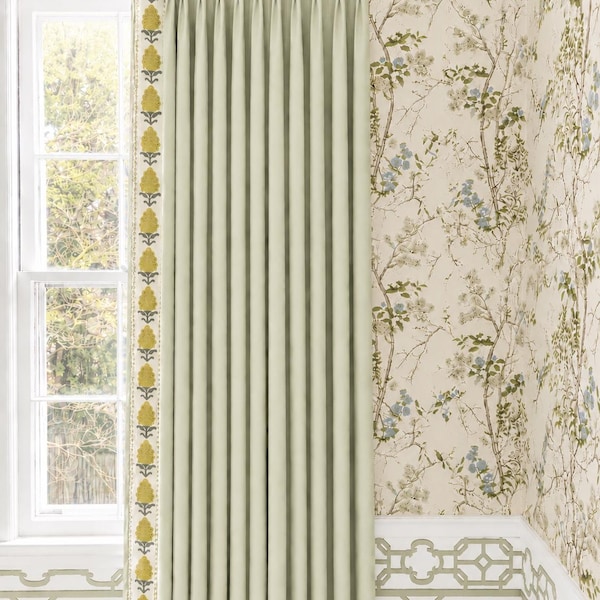Soft Sage Pinch Pleat Curtains, Embroidery Tape Trim, Blackout linen, Readily Available (Pair)