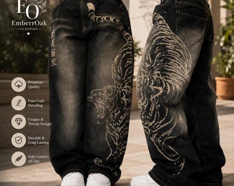 Rechte jeans met tijgerprint heren – urban graphic denimbroek
