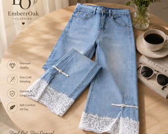 Handmade Lace Hem Denim Jeans for Women – Wide Leg Blue Pants – Gift for Girlfriend