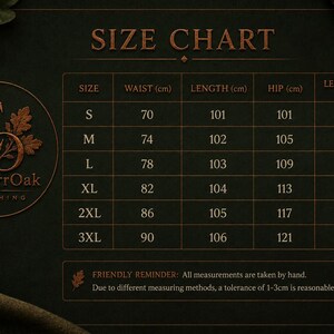 May include: A size chart from EmberrOak Clothing, detailing waist, length, hip, and leg opening measurements in centimetres. Sizes range from S to 3XL. Includes a note about hand-taken measurements and a tolerance of 1-3cm.
