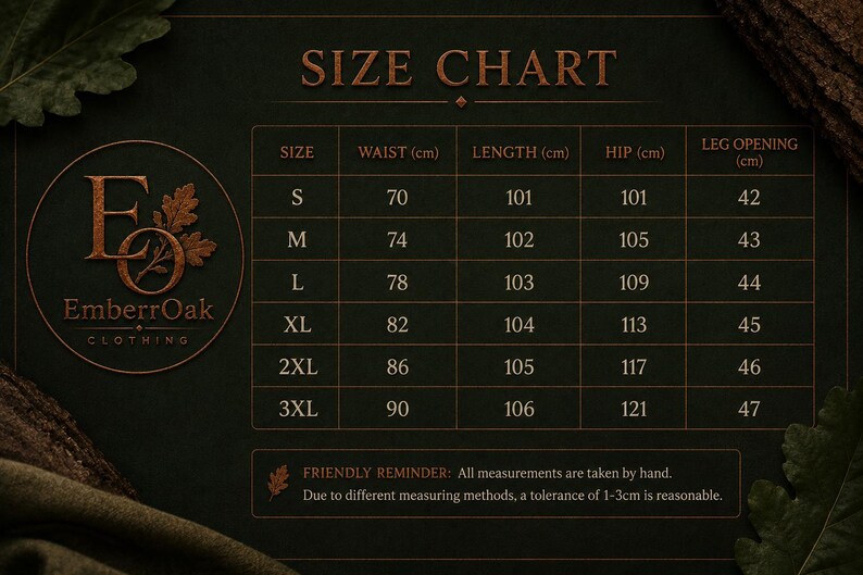 May include: A size chart from EmberrOak Clothing, detailing waist, length, hip, and leg opening measurements in centimetres. Sizes range from S to 3XL. Includes a note about hand-taken measurements and a tolerance of 1-3cm.
