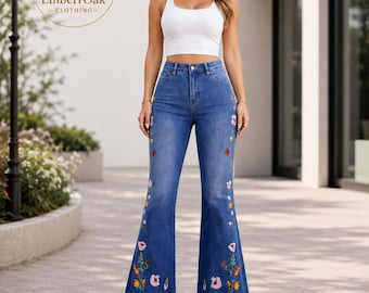 Floral Embroidered Denim Jeans for Women – High Waist Flared Jeans – Boho Bell Bottom Pants