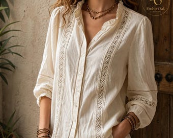 Women’s Cotton Linen Bohemian Cardigan Blouse | Lace Trim Lantern Sleeve Retro Shirt
