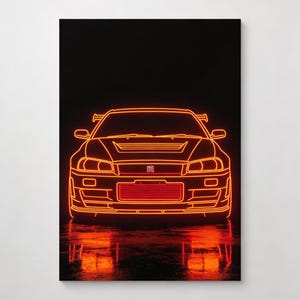 Puede incluir: Obra de arte de estilo neón de un coche deportivo, delineado en naranja brillante sobre un fondo negro. Los detalles del coche, incluyendo la parrilla delantera y los faros, están iluminados. La obra se refleja en la superficie brillante de abajo.