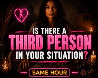 Op de afbeelding: Een donker vormgegeven afbeelding met een persoon met lang donker haar, een neonroze gebroken hart-icoon en de tekst: IS THERE A THIRD PERSON IN YOUR SITUATION? SAME HOUR. De scène bevat brandende kaarsen en tarotkaarten op een tafel.