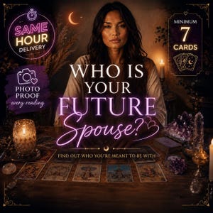 May include: A tarot card reading service advertisement featuring the text WHO IS YOUR FUTURE SPOUSE? FIND OUT WHO YOU'RE MEANT TO BE WITH. The image displays a person behind a wooden table with tarot cards, a lit candle, and purple crystals.