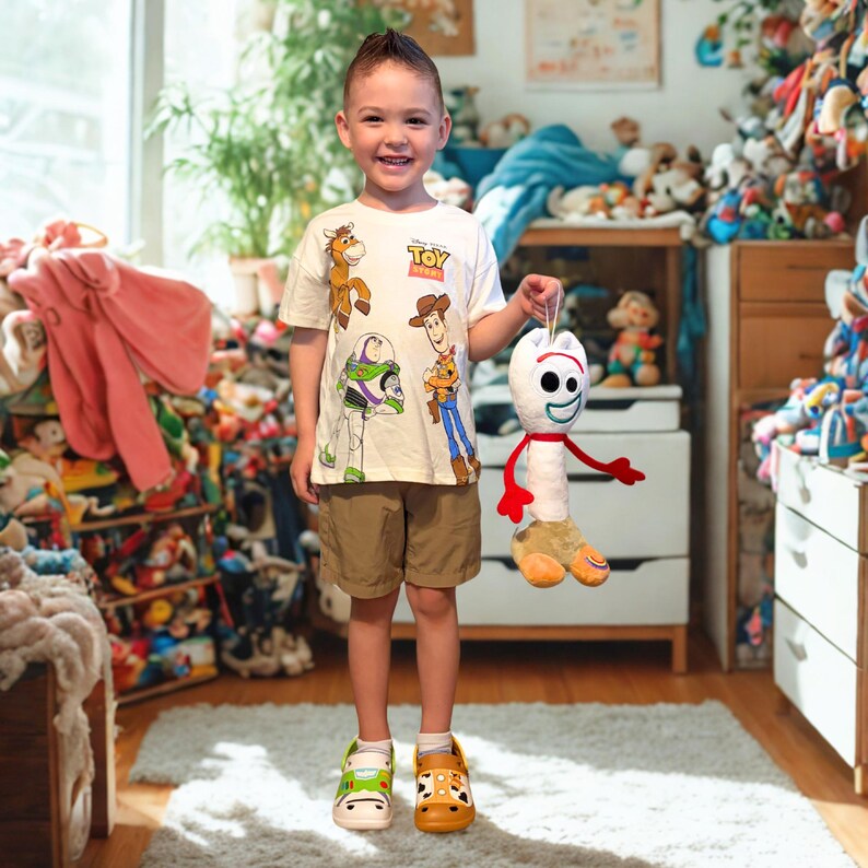 Puede incluir: Un ni&ntilde;o lleva una camiseta blanca con personajes de Toy Story, pantalones cortos marrones y zapatos coloridos. Sostiene un peluche de Forky y sonr&iacute;e. El fondo est&aacute; lleno de juguetes.
