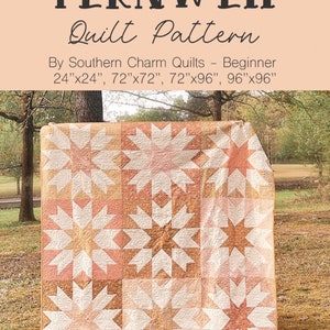 May include: A quilt pattern called "Periwinkle" by Southern Charm Quilts. The quilt is made in a beginner-friendly pattern and is available in four sizes: 24"x24", 72"x72", 72"x96", and 96"x96". The quilt is made with a variety of peach, cream, and brown fabrics.