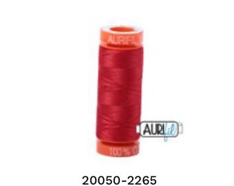 May include: A spool of red thread with the brand name "AURIfil" printed on the spool. The spool is labeled "100% Cotton" and has the product number "20050-2265" printed below the image.