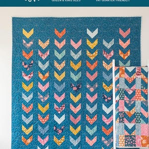 May include: A quilt pattern called "Scrappy Arrows" by Emily Dennis. The pattern is for a quilt with a blue background and colorful arrow shapes. The pattern is available in baby, throw, twin, full, queen, and king sizes. It is scrappy, fat eighth and fat quarter friendly.