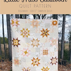 May include: A quilt pattern called "Little Miss Sawtooth" for a 60x72 inch sampler quilt. The quilt is made with a variety of fabrics in shades of brown, yellow, pink, and white. The quilt is displayed outdoors in a wooded area.