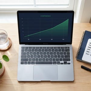 May include: A laptop displaying a green line graph labeled "CONFIDENCE" sits on a wooden desk. Beside it are notebooks with financial data and a strategy list. A small potted plant and a glass of water complete the workspace.