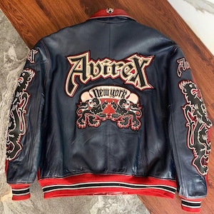 Avirex New York Leather Bomber Jacket Graphic Embroidered Patches Hip-Hop Varsity Outerwear Authentic Retro Streetwear Coat Gift for him