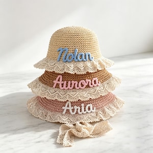 Custom Yarn Initial Name Tag Girls’ Straw Hat, Breathable Toddler Beach Sun Cap, Cute Handmade Summer Gift for Little Girls,Christmas gifts