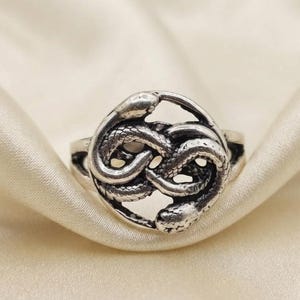 以下が含まれることがあります： 2匹の蛇が絡み合った円形デザインのシルバー調の指輪。金属には酸化仕上げが施されており、蛇の細かな鱗や頭部が強調されています。蛇は指輪の円形の枠の中で途切れることのないループを形成しています。
