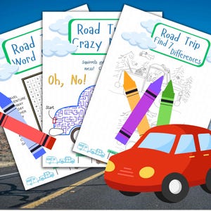 May include: Three activity sheets titled Road Trip Word Search, Road Trip Crazy Maze, and Road Trip Find 7 Differences, featuring black and white line drawings, blue clouds, and a yellow sun, accompanied by red, blue, purple, orange, and green crayons.