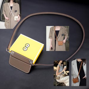 May include: A brown rectangular crossbody bag with a textured surface, silver-toned hardware, and a thin brown shoulder strap. The bag is shown in multiple inset photos being worn by individuals in various outfits, including blazers and a sleeveless top.