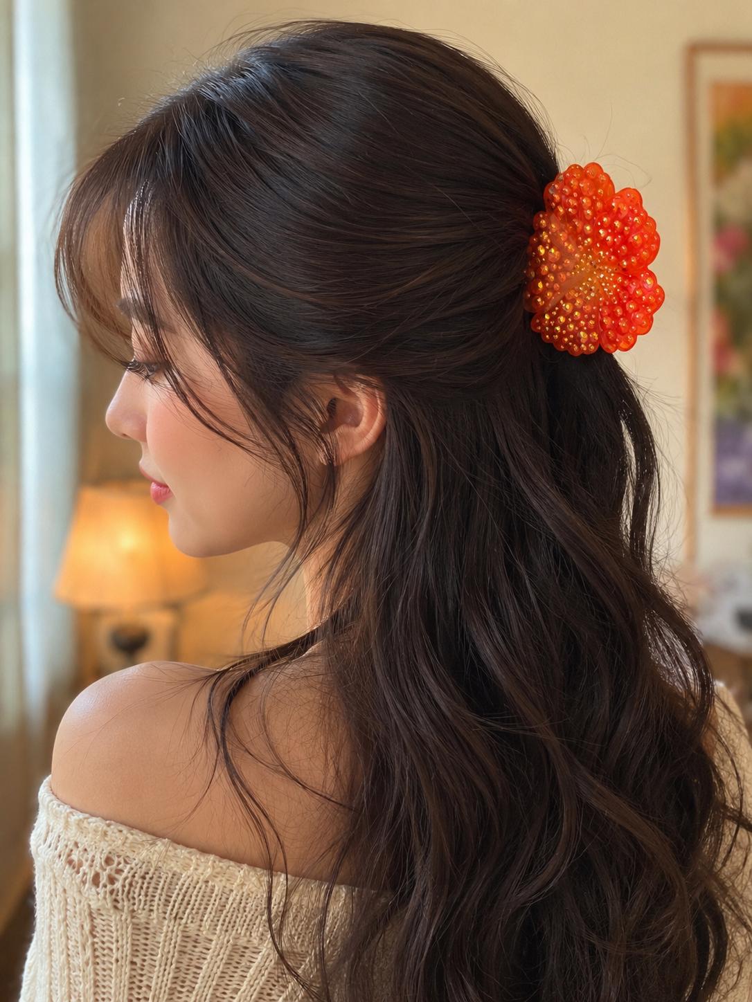 Orange Rhinestone Flower Hair Claw Clip, Sparkly Y2K Floral 
