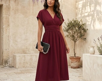 Elegante vestido largo plisado con escote en V, mangas murciélago, ideal para vacaciones de verano, vestido ligero informal estilo cruzado, vestido de playa de tallas grandes.