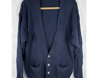 Cárdigan de punto estilo abuelo Eddie Bauer azul marino vintage, talla M, con bolsillos y botones, de algodón.