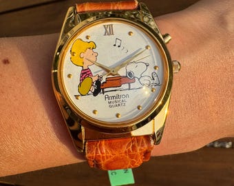 Vintage Armitron Quartz Peanuts Watch Snoopy & Schroeder Piano Gold Tone Collectible 90s