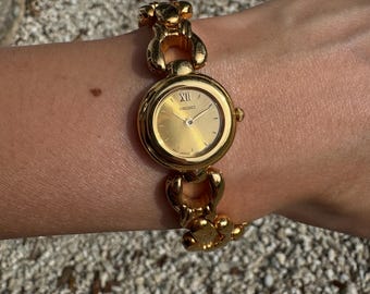 Reloj Seiko vintage para mujer, chapado en oro, con brazalete de cadena gruesa con números romanos, movimiento de cuarzo japonés.